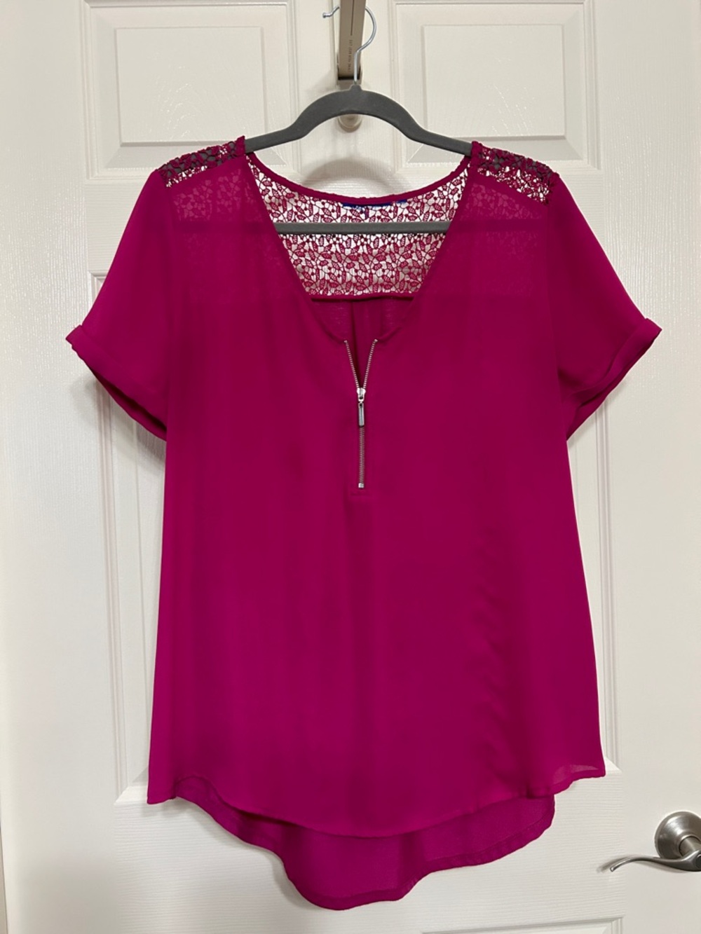 Women's Magenta Quarter Zip Front Lace Back Short Sleeved Top High Low Summer